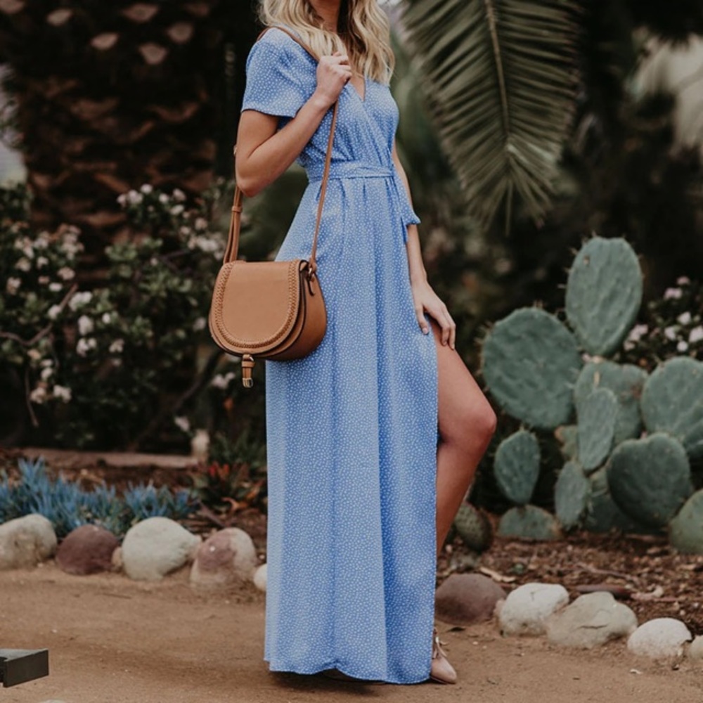Blue Polka Dot Wrap Maxi Dress
